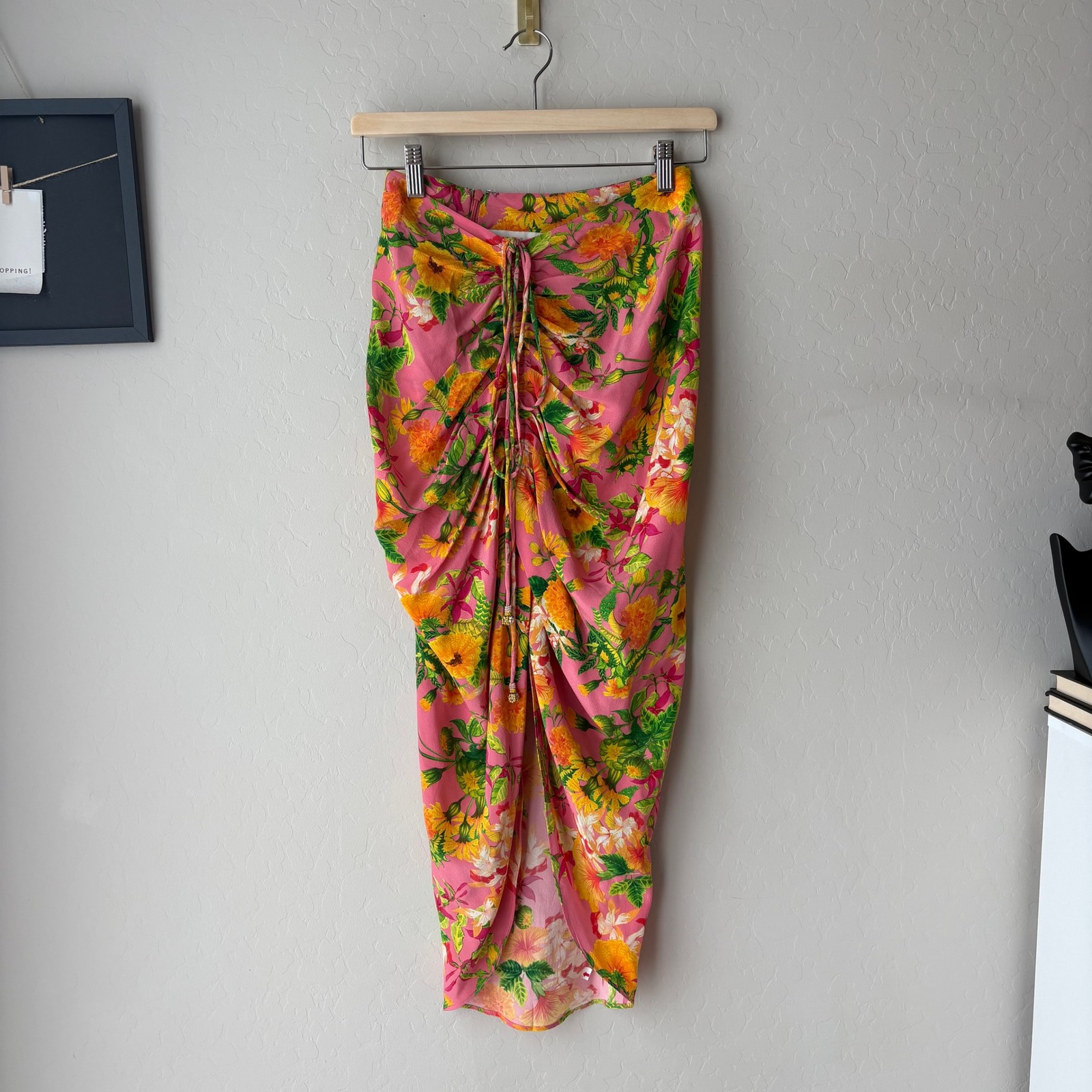 La Fuori Skirt Pink Floral Print Silk Maxi Skirt W Drawstring Ruched